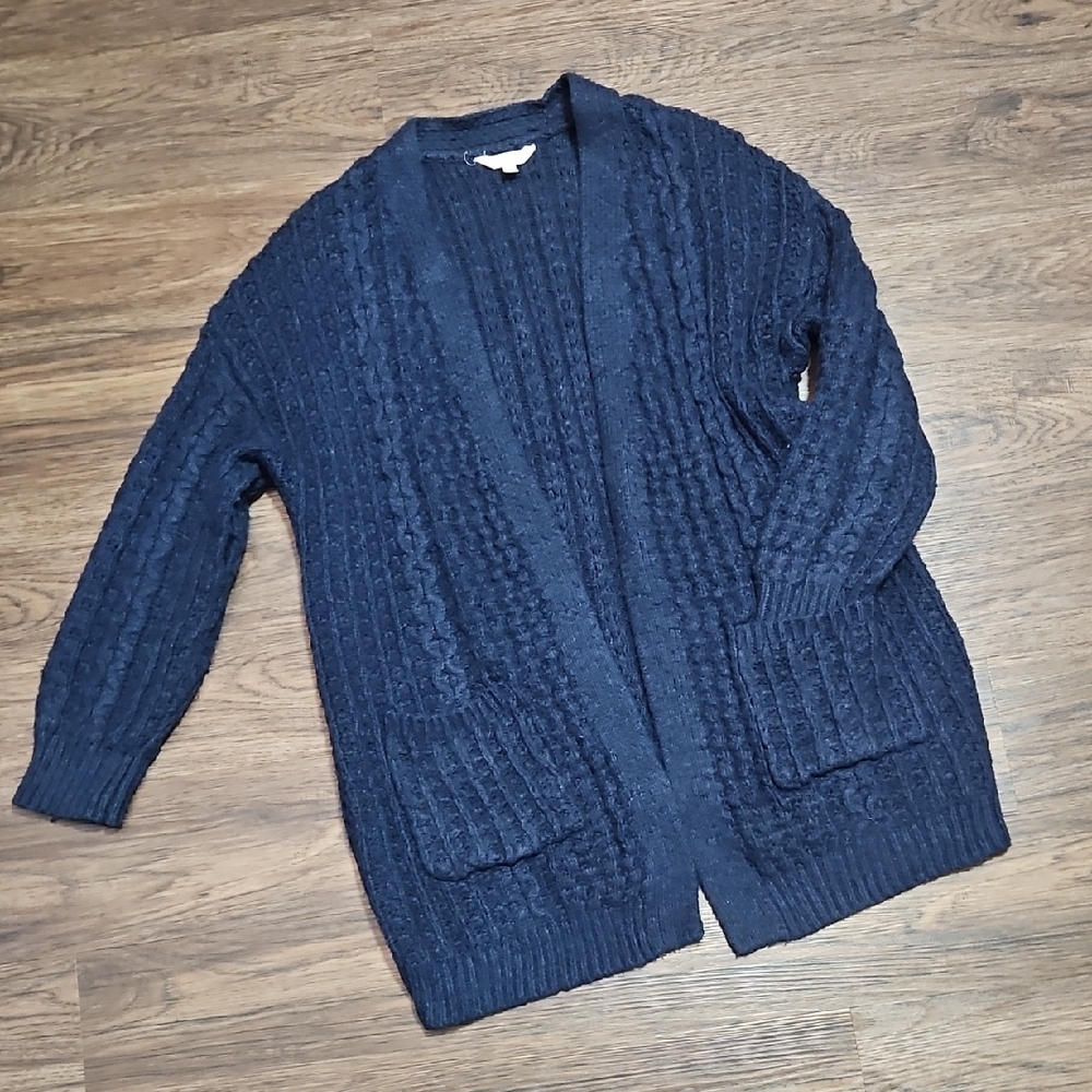 Time and Tru Navy Cable-Knit Open Front Cardigan with Pockets, Size Large